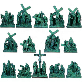 Stations of the Cross (14-Piece Set) Wall Plaques — Green Bronze finish