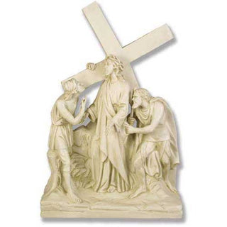 Fiberglass resin statue depicting Jesus being given his cross, a Station of the Cross scene — alternate view