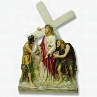 Hand-painted fiberglass resin station depicting Jesus being given the cross to carry