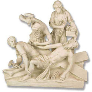 Statue depicting Jesus being nailed to the cross, fiberglass resin, standing 29 inches tall. — alternate view