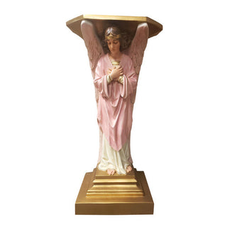 Hand-painted fiberglass resin angel resting beside a tall cross on a pedestal base — alternate view