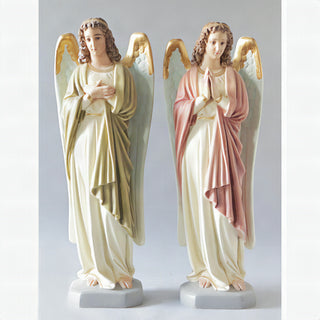 Set of hand-painted fiberglass resin chapel angel statues, each standing twenty-five inches tall.