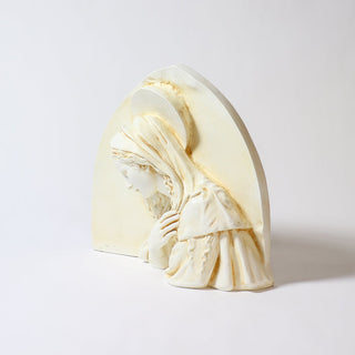 Statue of the Blessed Mother in a triangular Della Robbia style composition — alternate view