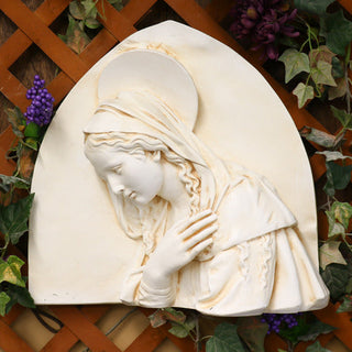 Statue of the Blessed Mother in a triangular Della Robbia style composition — detail view