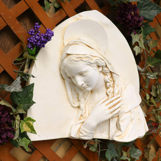 Statue of the Blessed Mother in a triangular Della Robbia style composition — detail view
