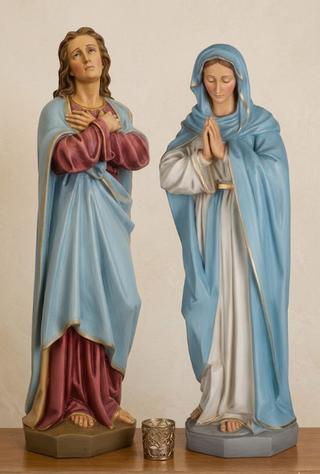 Crucifix showing Christ on the cross flanked by the Blessed Mother and John the Apostle, hand-painted in realistic colour. — alternate view