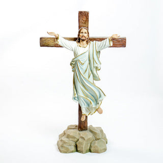 Hand-painted fiberglass resin statue depicting the Risen Christ with arms raised — alternate view