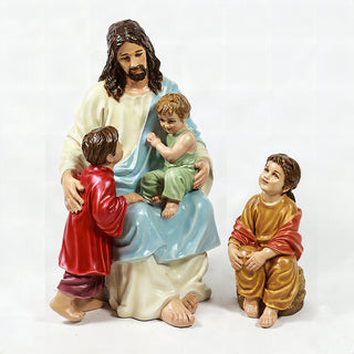 Jesus With Children In The Gar Statue - 34-inch - Realistic Color - Hand-Painted