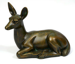 Sitting Deer Fawn Statue — Green Bronze finish