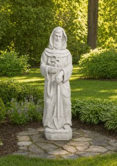 Standing statue of Saint Fiacre in flowing robes, 28.5 inches tall — detail view
