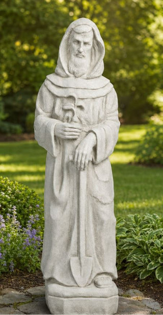 Standing statue of Saint Fiacre in flowing robes, 28.5 inches tall — detail view