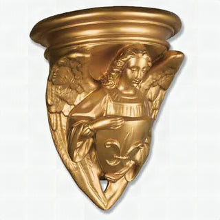 Hand-painted angel statue holding a shield marked with a fleur-de-lis, standing pose.