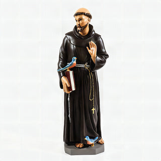 Hand-painted fiberglass resin statue of Saint Francis of Assisi standing in a brown robe