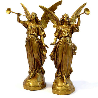 Angels with Trumpets, a Matched Set Statue Set - 64-inch — Antique Gold finish