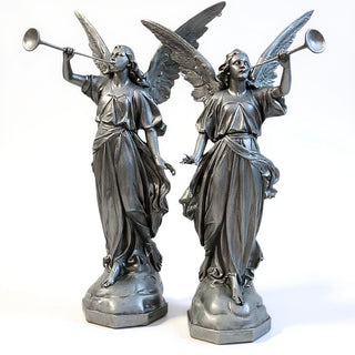Angels with Trumpets, a Matched Set Statue Set - 64-inch — Aged Silver finish
