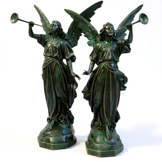 Angels with Trumpets, a Matched Set Statue Set - 64-inch — Green Bronze finish