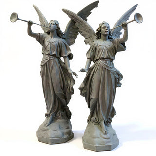 Angels with Trumpets, a Matched Set Statue Set - 64-inch — Limestone finish