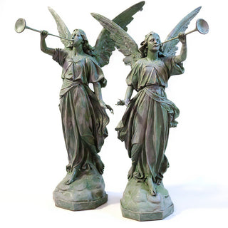 Angels with Trumpets, a Matched Set Statue Set - 64-inch — Mossy Green finish