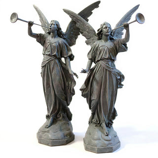 Angels with Trumpets, a Matched Set Statue Set - 64-inch — Old Stone finish