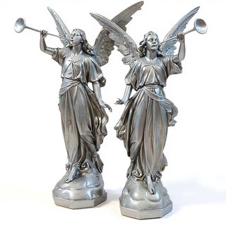 Angels with Trumpets, a Matched Set Statue Set - 64-inch — Silver finish