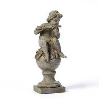 Cherub on Fluted Finial Pedestal - 39-inch — Antique Stone finish