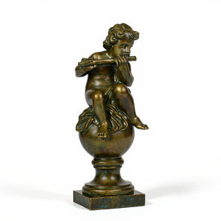Cherub on Fluted Finial Pedestal - 39-inch — Green Bronze finish