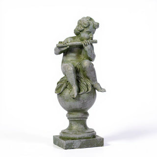 Cherub on Fluted Finial Pedestal - 39-inch — Mossy Green finish