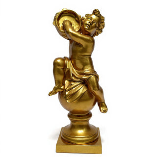 Cherub On Finial With Tambourine Statue - 39-inch — Antique Gold finish