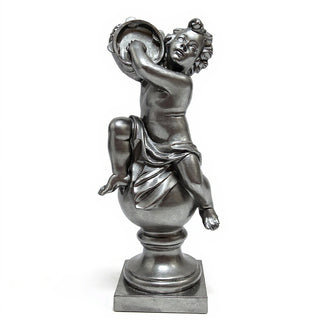 Cherub On Finial With Tambourine Statue - 39-inch — Aged Silver finish