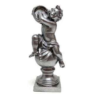 Cherub On Finial With Tambourine Statue - 39-inch — Antique Silver finish