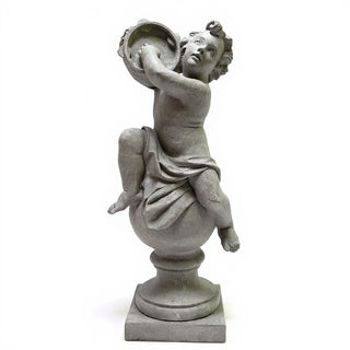 Cherub On Finial With Tambourine Statue - 39-inch — Limestone finish