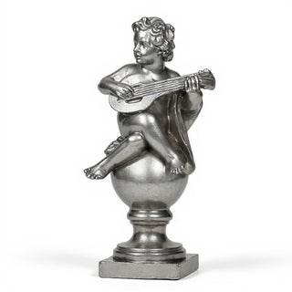Cherub on Finial with Mandolin Statue - 39-inch — Aged Silver finish