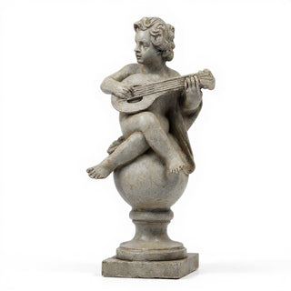 Cherub on Finial with Mandolin Statue - 39-inch — Antique Stone finish