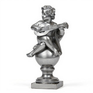 Cherub on Finial with Mandolin Statue - 39-inch — Antique Silver finish