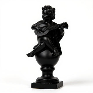 Cherub on Finial with Mandolin Statue - 39-inch — Flat Black finish