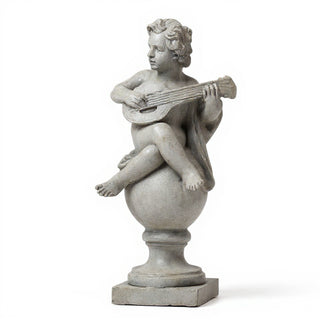 Cherub on Finial with Mandolin Statue - 39-inch — Limestone finish