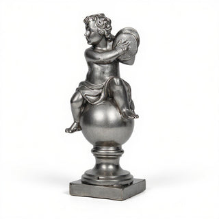 Cherub on Finial with Cymbals Statue - 39-inch — Aged Silver finish