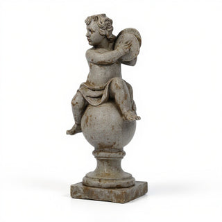 Cherub on Finial with Cymbals Statue - 39-inch — Antique Stone finish