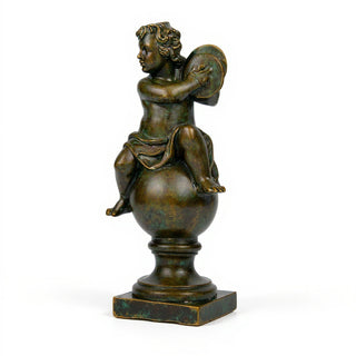 Cherub on Finial with Cymbals Statue - 39-inch — Green Bronze finish