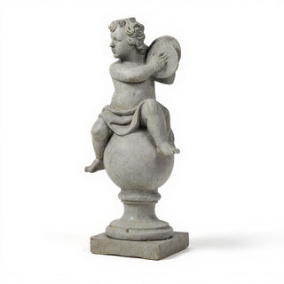 Cherub on Finial with Cymbals Statue - 39-inch — Limestone finish