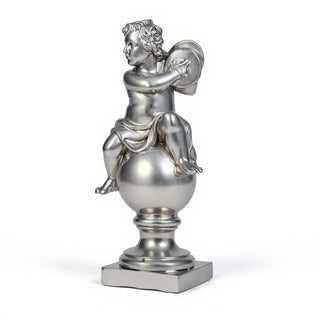 Cherub on Finial with Cymbals Statue - 39-inch — Silver finish