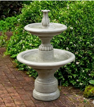 Tiered balustrade fountain top in fiberglass resin, standing 14 inches high. — detail view
