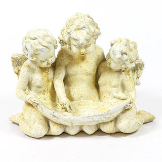 Fiberglass resin birdfeeder statue with three cherubs supporting the bowl on top — alternate view
