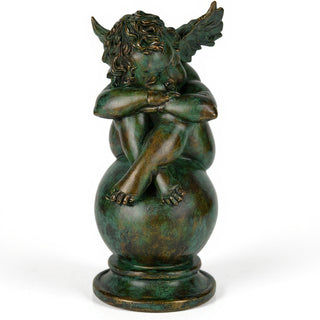 Napping Cherub with Wings Statue - 17-inch — Green Bronze finish