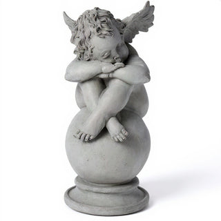 Napping Cherub with Wings Statue - 17-inch — Limestone finish