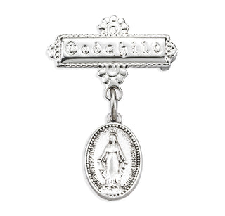 Sterling Silver Baby Miraculous Medal on a Godchild Bar Pin