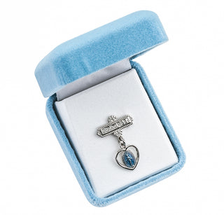 Sterling Silver Pierced Heart Baby Miraculous Medal Blue on a Godchild Pin