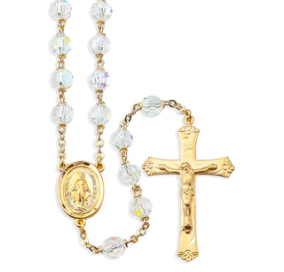 7mm Aurora Crystal Czech Beads with Gold Over Sterling Silver Crucifix and Center