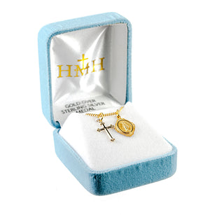 Gold Over Sterling Silver Miraculous Medal and Small Cross