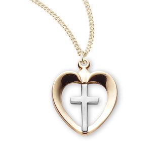 3 4 Inch Tutone Gold Over Sterling Silver Heart With Cross And 18 Inch Chain